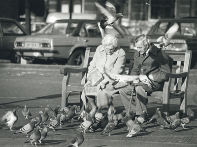 109313 Afbeelding van de heer en mevrouw Van Plateringen die de duiven voeren op een bankje op het Janskerkhof te Utrecht.